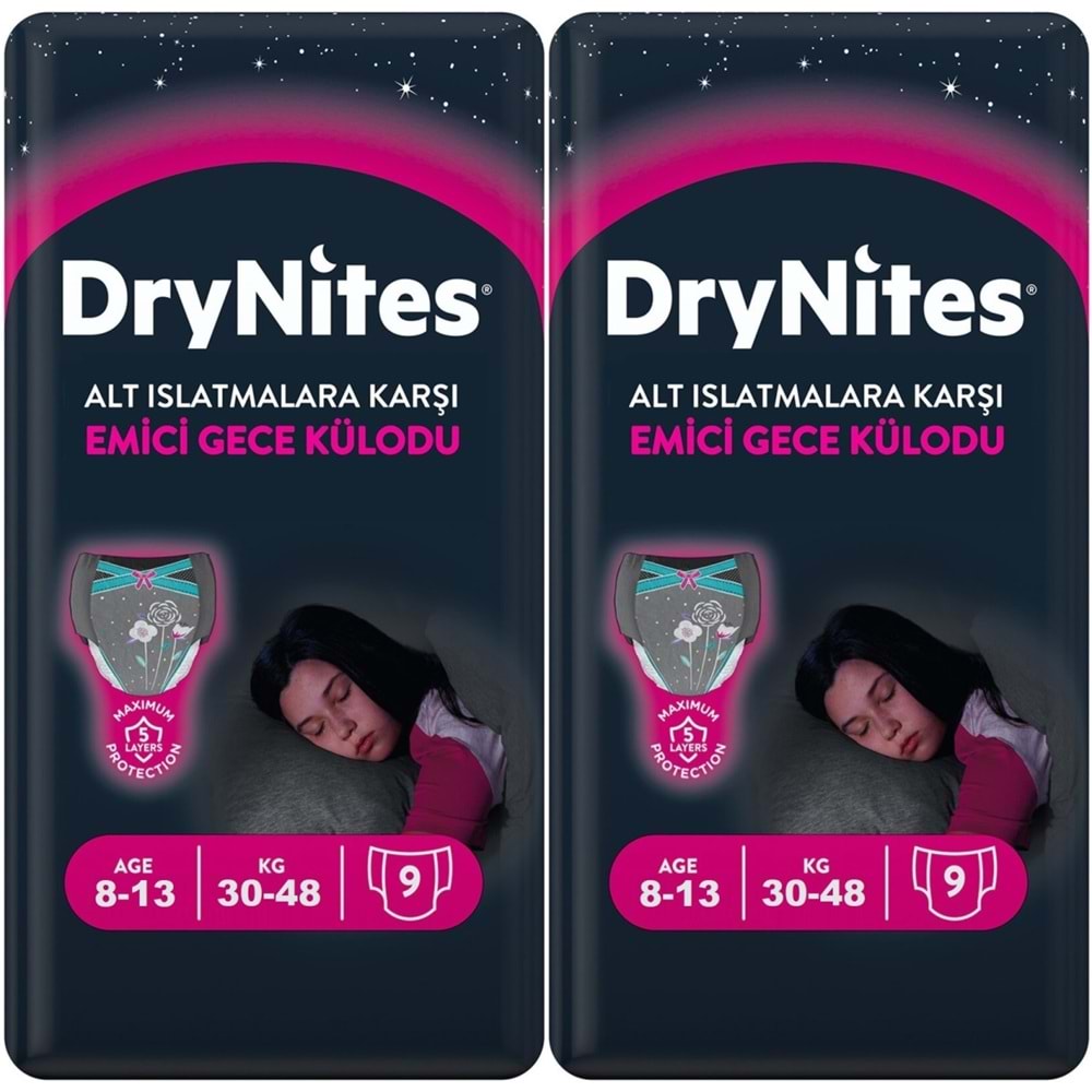 Drynites Emici Gece Külodu/Külot Bez Kız 8-13 Yaş 30-48KG Large 18 Adet 2PK*9 Alt Islatmalara Karşı