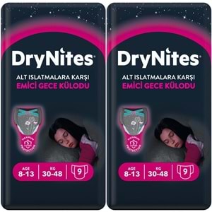 Drynites Emici Gece Külodu/Külot Bez Kız 8-13 Yaş 30-48KG Large 18 Adet 2PK*9 Alt Islatmalara Karşı