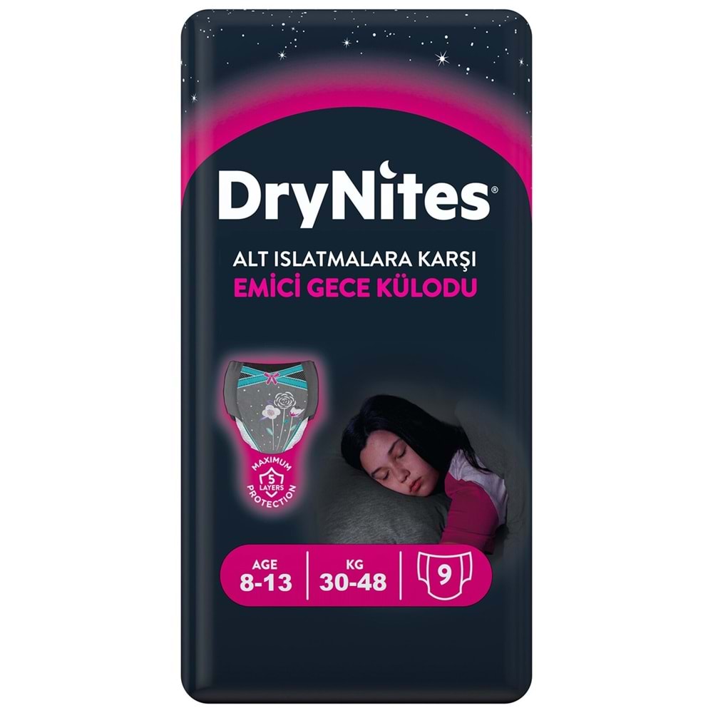 Drynites Emici Gece Külodu/Külot Bez Kız 8-13 Yaş 30-48KG Large 18 Adet 2PK*9 Alt Islatmalara Karşı