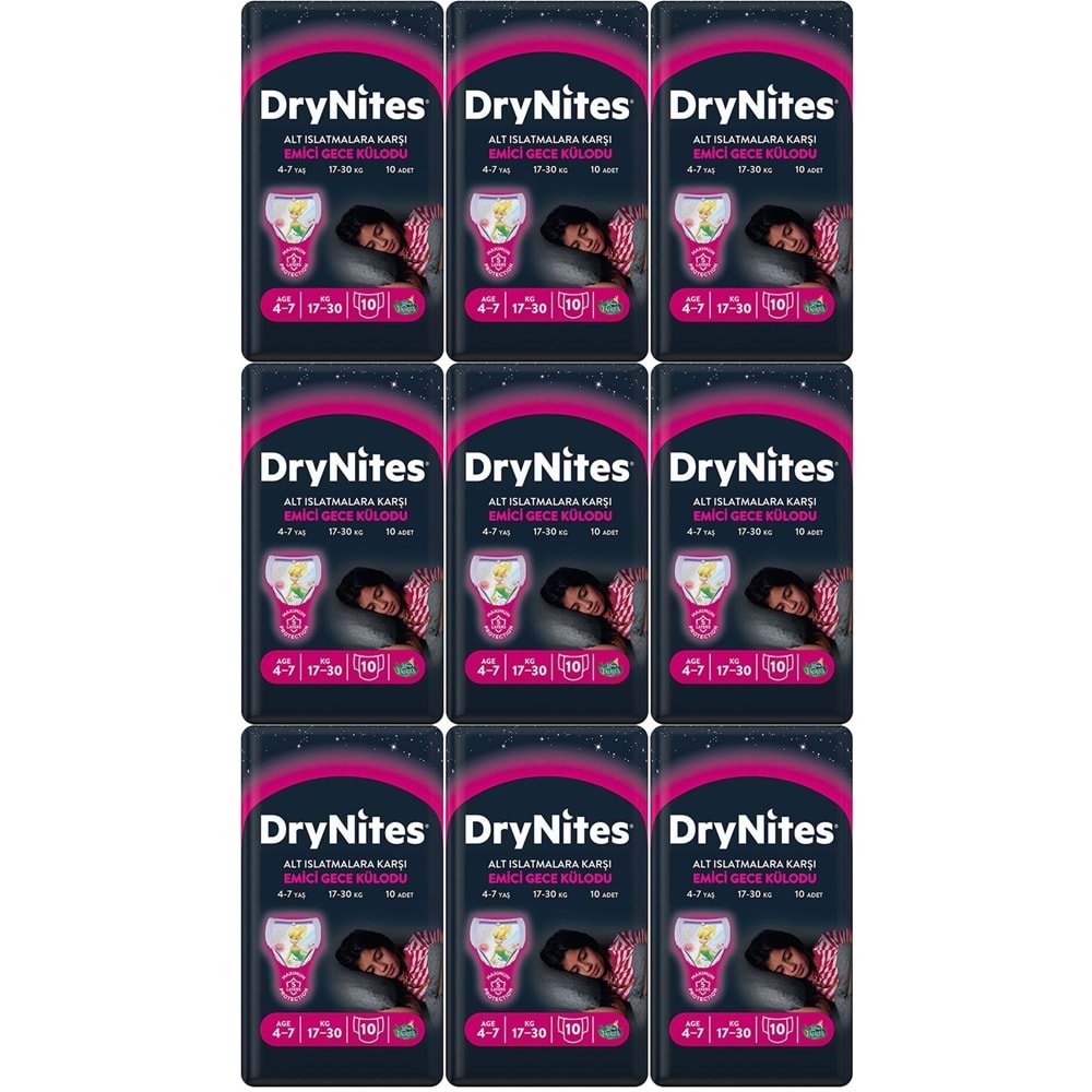 Drynites Emici Gece Külodu/Külot Bez Kız 4-7 Yaş 17-30 KG Large 90 Adet 9PK*10 Alt Islatmalara Karşı