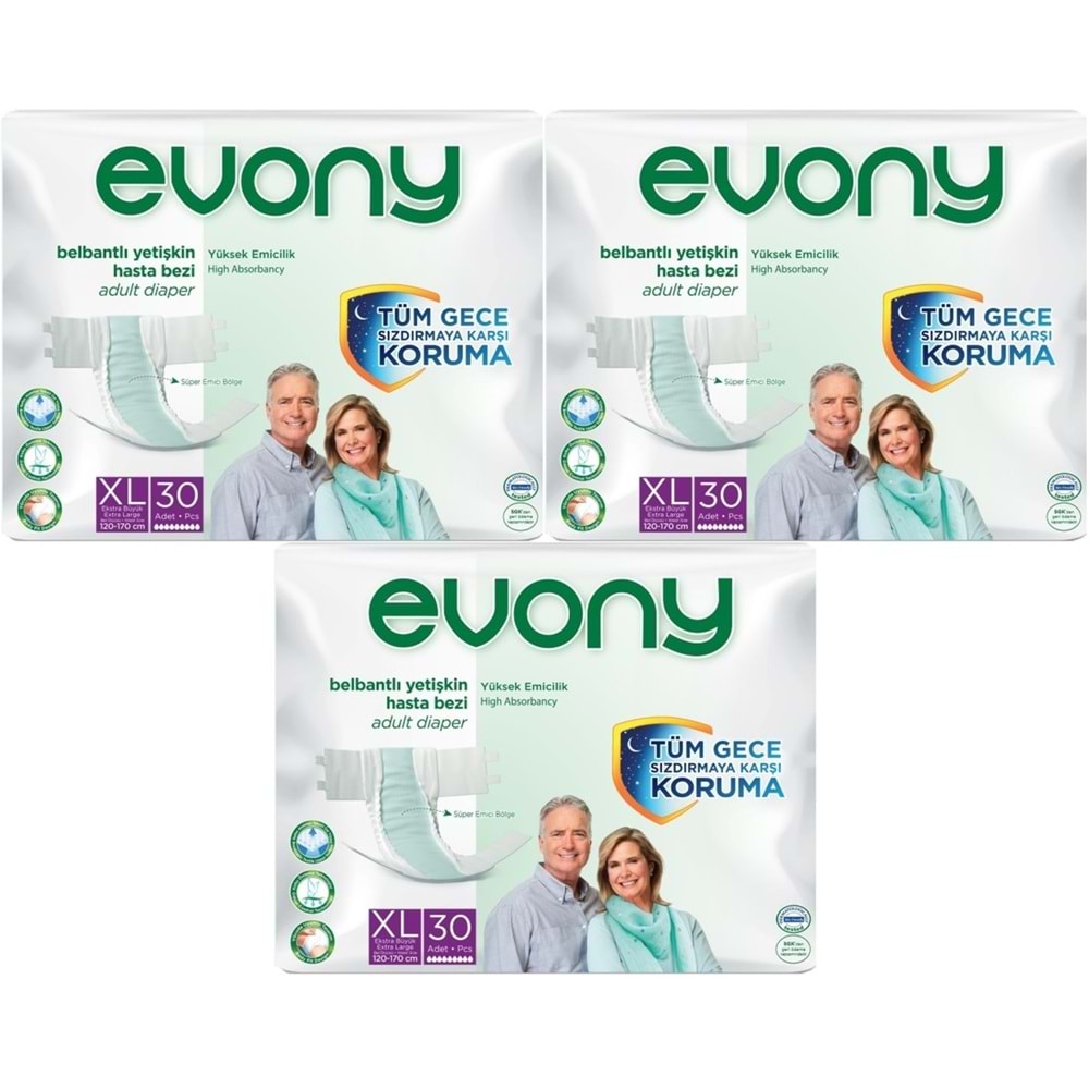 Evony Yetişkin Bezi Bel Bantlı Tekstil Yüzey Ekstra Büyük (XL) 90 Adet (3PK*30)