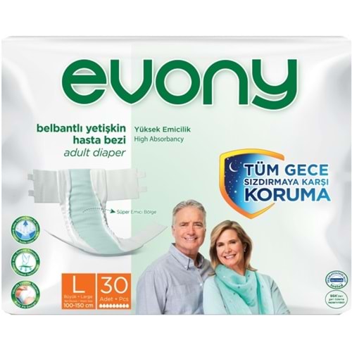 Evony Yetişkin Bezi Bel Bantlı Tekstil Yüzey L-Büyük 60 Adet + Yatak Koruyucu Örtü 30 Adet