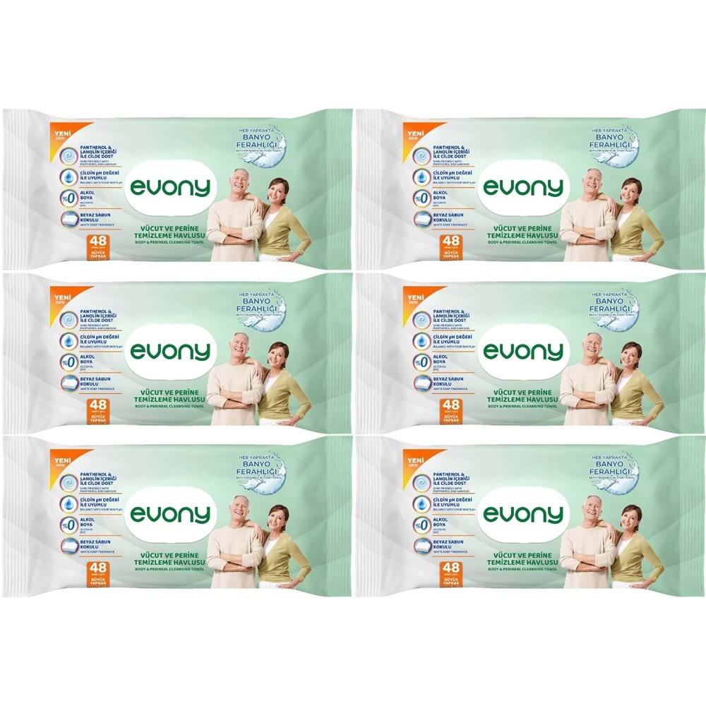 Evony Hasta Vücut Perine Temizleme Islak Mendil Havlu 48 Yaprak XL Banyo Ferahlığı (6 Lı Set)