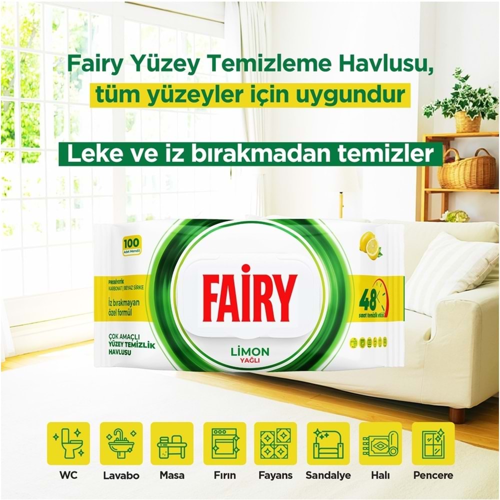 Fairy Yüzey Temizlik Havlusu 100 Yaprak Limon Yağlı - Beyaz Sirke - Karbonat (2 Li Set) 200 Yaprak