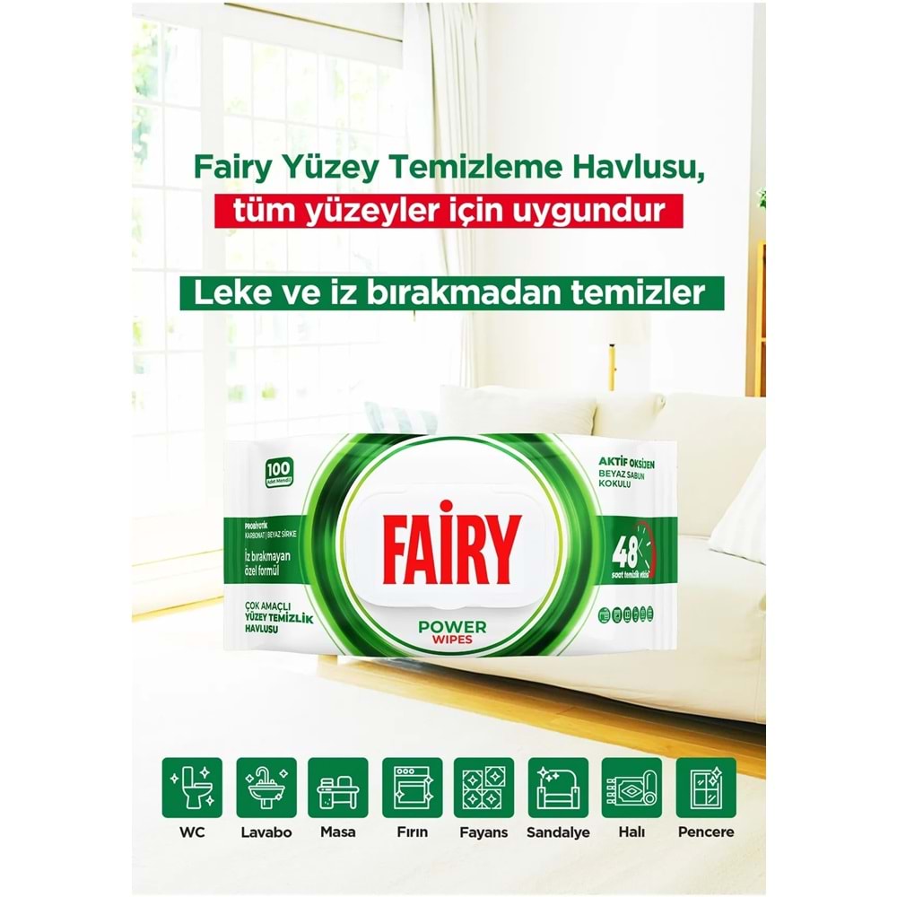 Fairy Yüzey Temizlik Havlusu 100 Yaprak Aktif Oksijen - Beyaz Sirke - Karbonat (5 Li Set) 500 Yaprak
