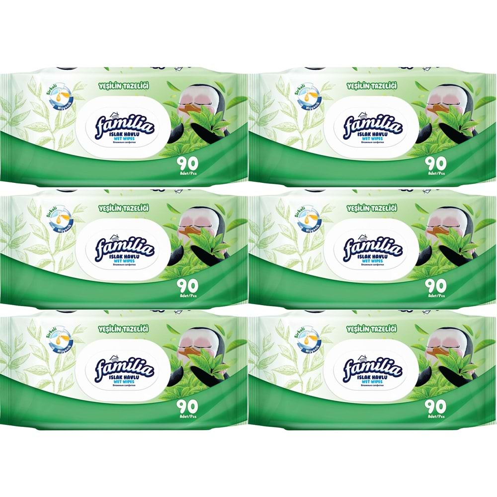 Familia Islak Havlu Mendil Yeşilin Tazeliği 90 Yaprak Plastik Kapaklı 6 Lı Set 540 Yaprak
