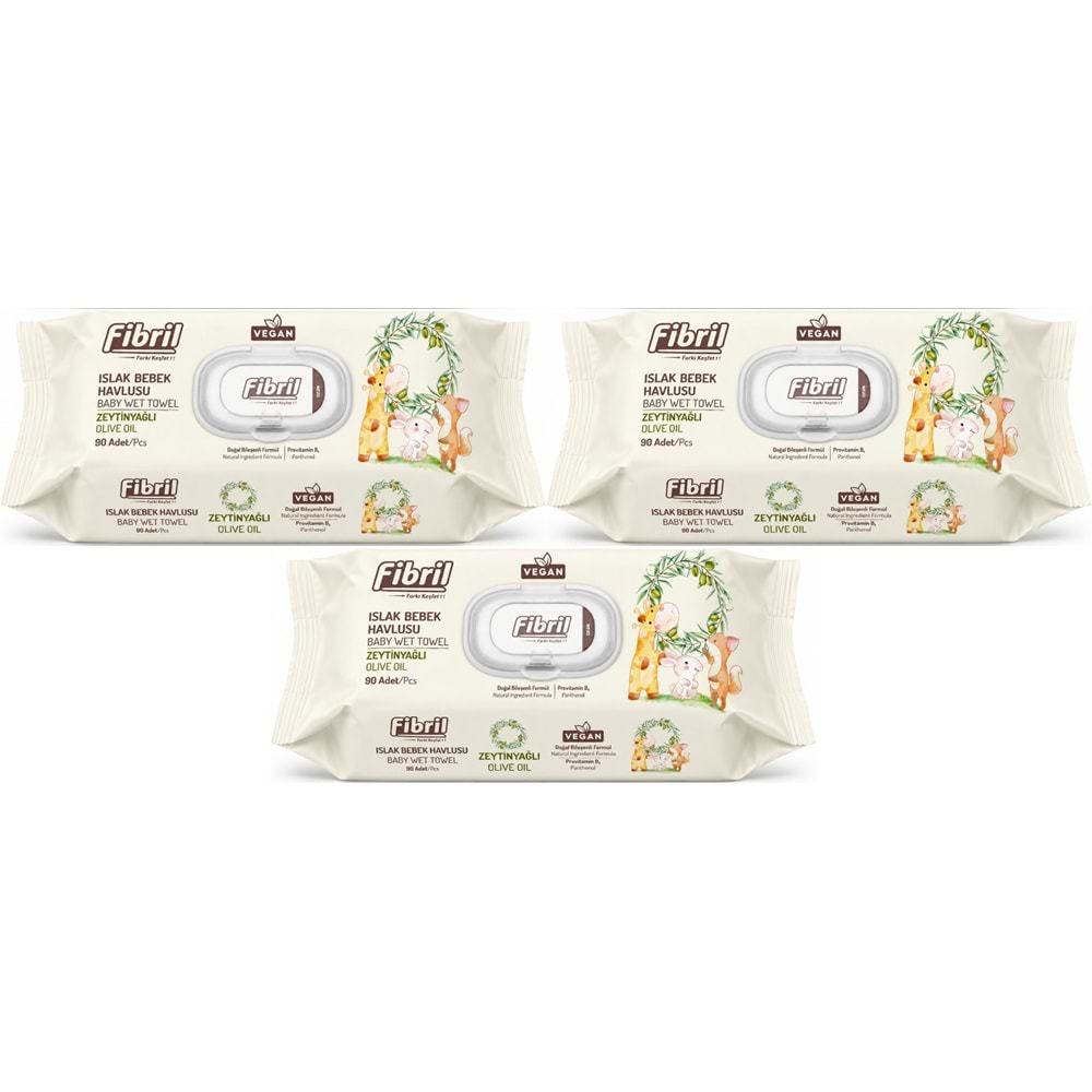 Fibril Islak Havlu Bebek Mendil 90 Yaprak Zeytinyağlı Plastik Kapaklı (3 Lü Set) 270 Yaprak