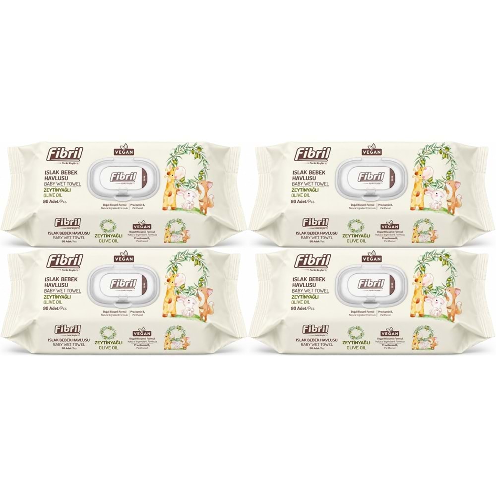 Fibril Islak Havlu Bebek Mendil 90 Yaprak Zeytinyağlı Plastik Kapaklı (4 Lü Set) 360 Yaprak
