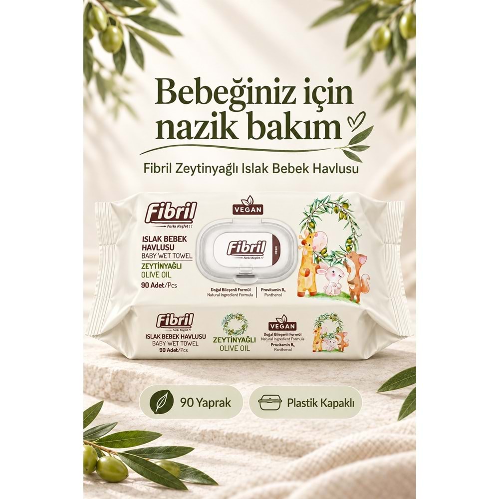 Fibril Islak Havlu Bebek Mendil 90 Yaprak Zeytinyağlı Plastik Kapaklı (5 Li Set) 450 Yaprak