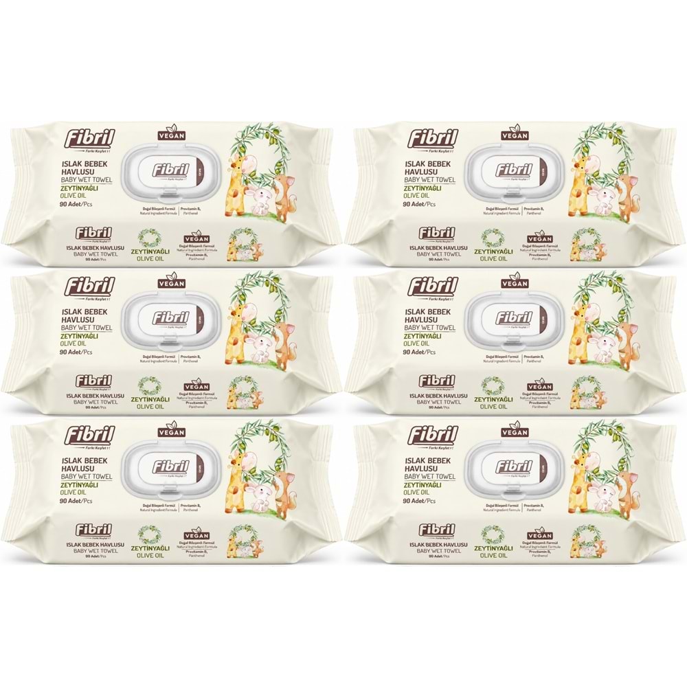 Fibril Islak Havlu Bebek Mendil 90 Yaprak Zeytinyağlı Plastik Kapaklı (6 Lı Set) 540 Yaprak