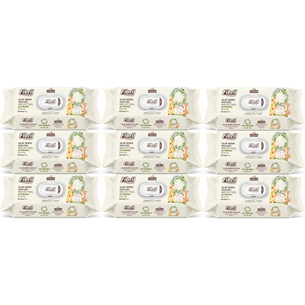 Fibril Islak Havlu Bebek Mendil 90 Yaprak Zeytinyağlı Plastik Kapaklı (9 Lu Set) 810 Yaprak