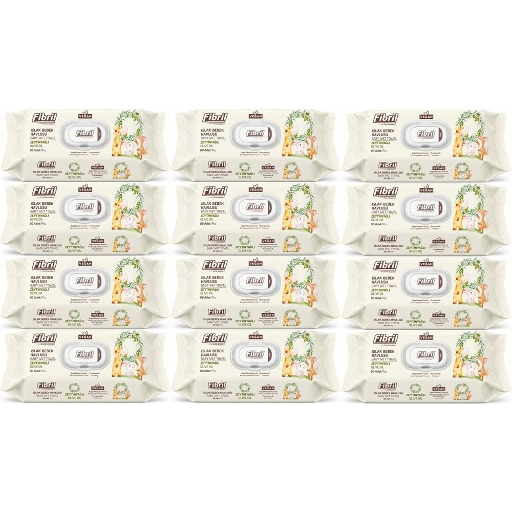 Fibril Islak Havlu Bebek Mendil 90 Yaprak Zeytinyağlı Plastik Kapaklı (12 Li Set) 1080 Yaprak