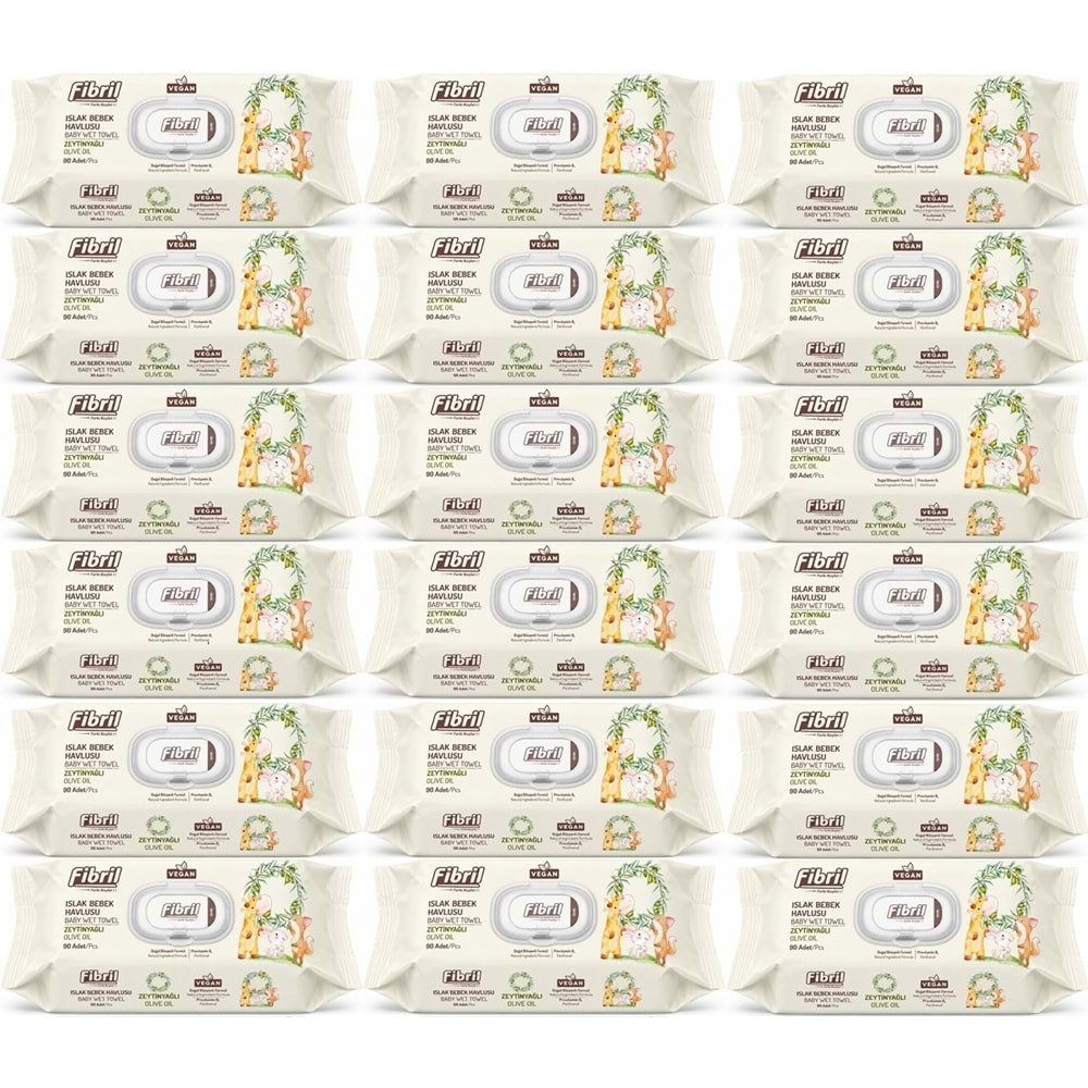 Fibril Islak Havlu Bebek Mendil 90 Yaprak Zeytinyağlı Plastik Kapaklı (18 Li Set) 1620 Yaprak