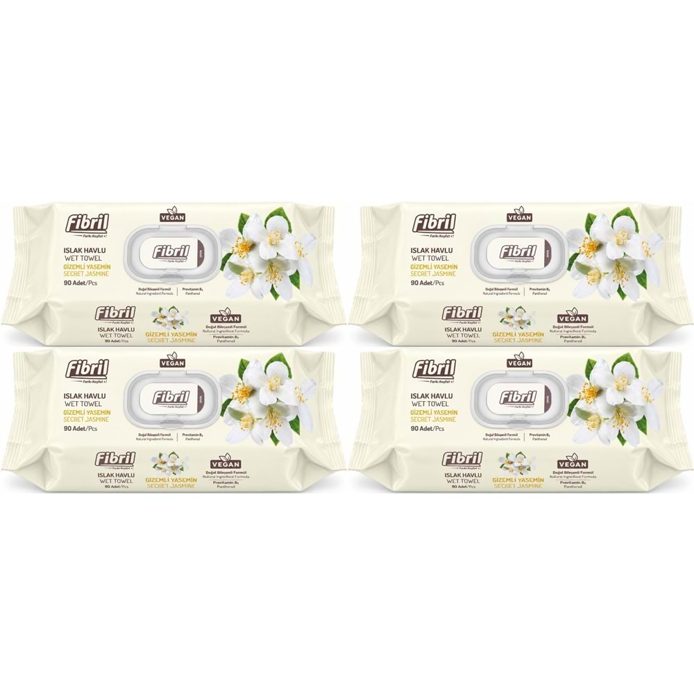 Fibril Islak Havlu Mendil 90 Yaprak Gizemli Yasemin Plastik Kapaklı (4 Lü Set) 360 Yaprak
