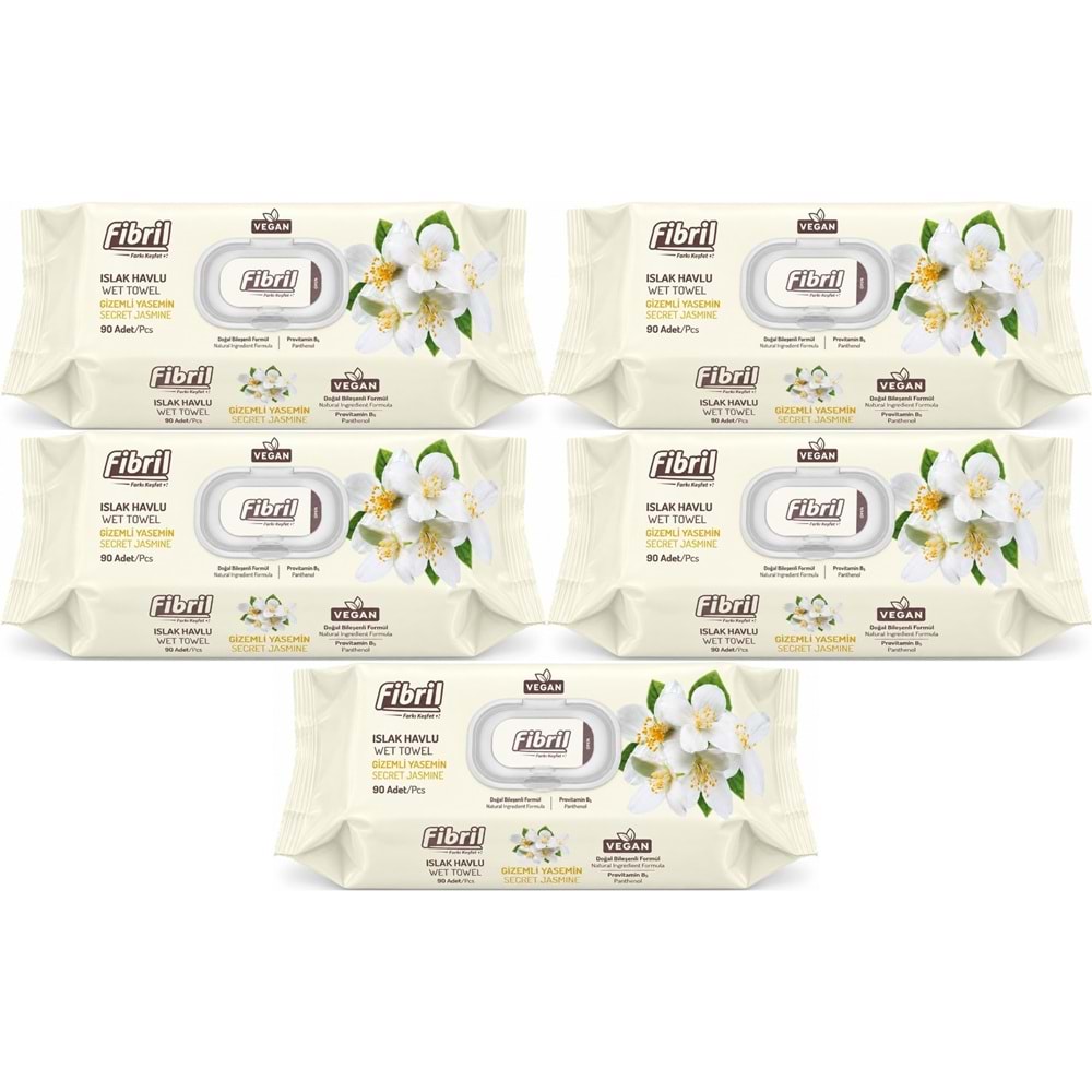 Fibril Islak Havlu Mendil 90 Yaprak Gizemli Yasemin Plastik Kapaklı (5 Li Set) 450 Yaprak