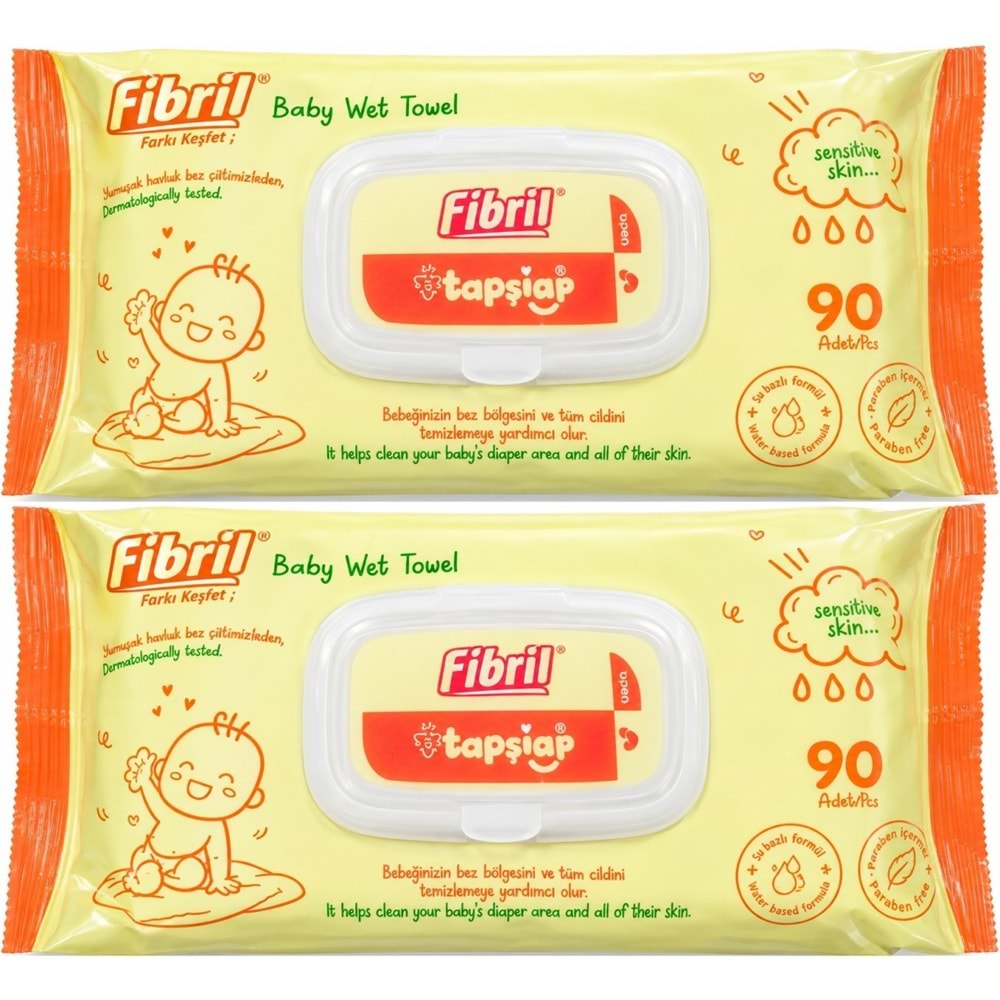 Fibril Islak Havlu Mendil 90 Yaprak Bebek Plastik Kapaklı (2 Li Set) 180 Yaprak