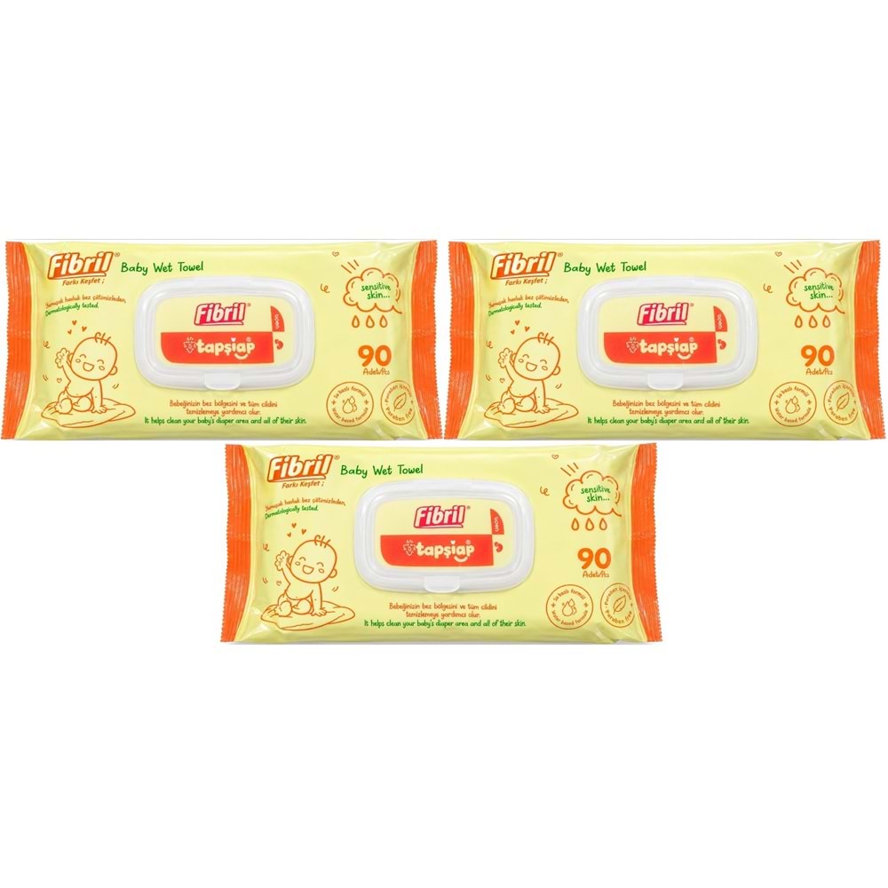 Fibril Islak Havlu Mendil 90 Yaprak Bebek Plastik Kapaklı (3 Lü Set) 270 Yaprak