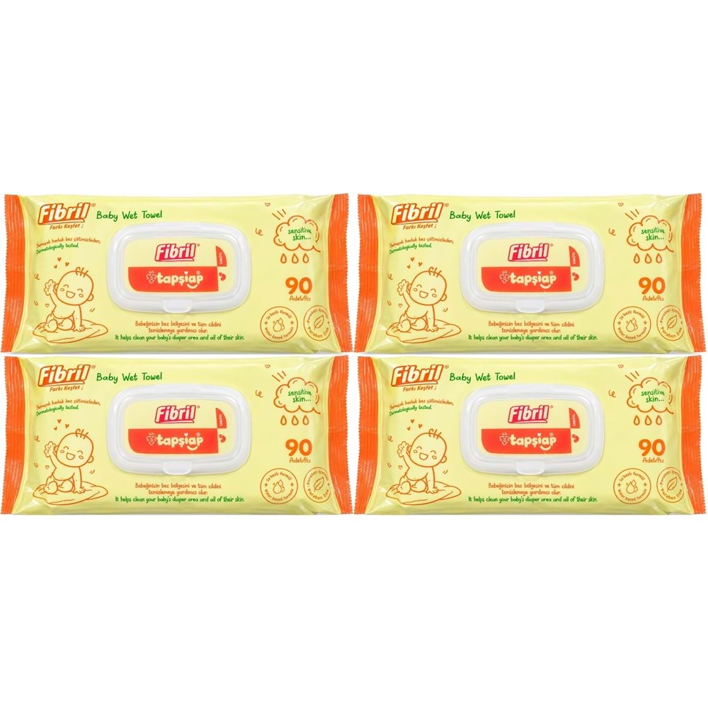 Fibril Islak Havlu Mendil 90 Yaprak Bebek Plastik Kapaklı (4 Lü Set) 360 Yaprak