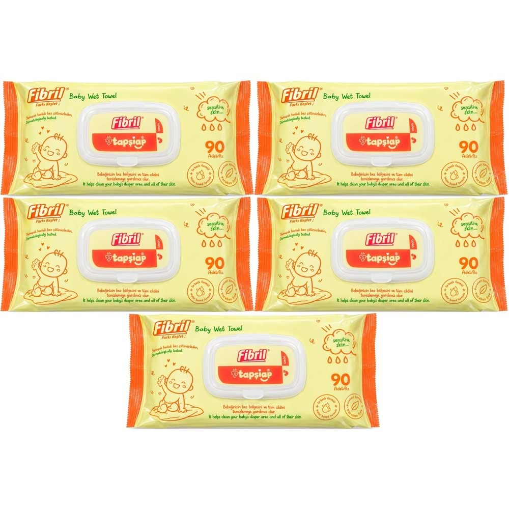 Fibril Islak Havlu Mendil 90 Yaprak Bebek Plastik Kapaklı (5 Li Set) 450 Yaprak