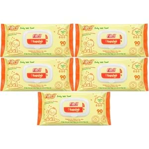 Fibril Islak Havlu Mendil 90 Yaprak Bebek Plastik Kapaklı (5 Li Set) 450 Yaprak