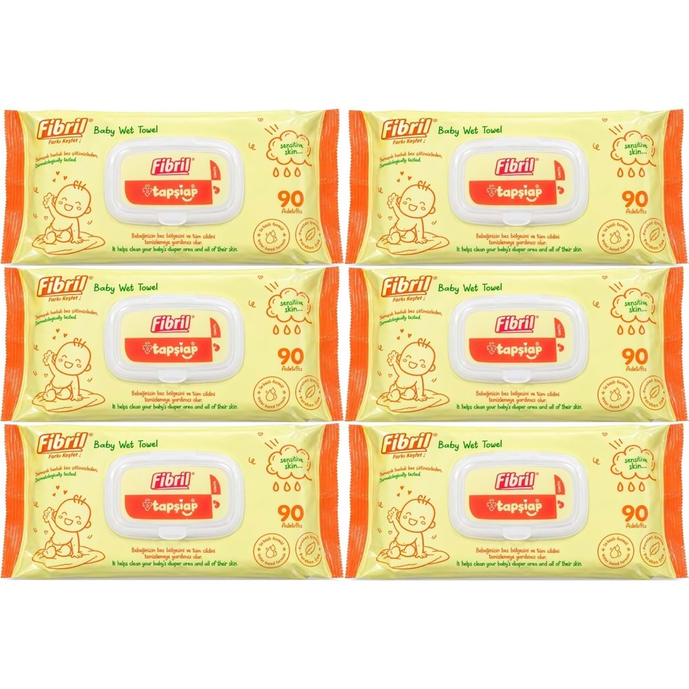 Fibril Islak Havlu Mendil 90 Yaprak Bebek Plastik Kapaklı (6 Lı Set) 540 Yaprak