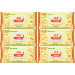 Fibril Islak Havlu Mendil 90 Yaprak Bebek Plastik Kapaklı (6 Lı Set) 540 Yaprak