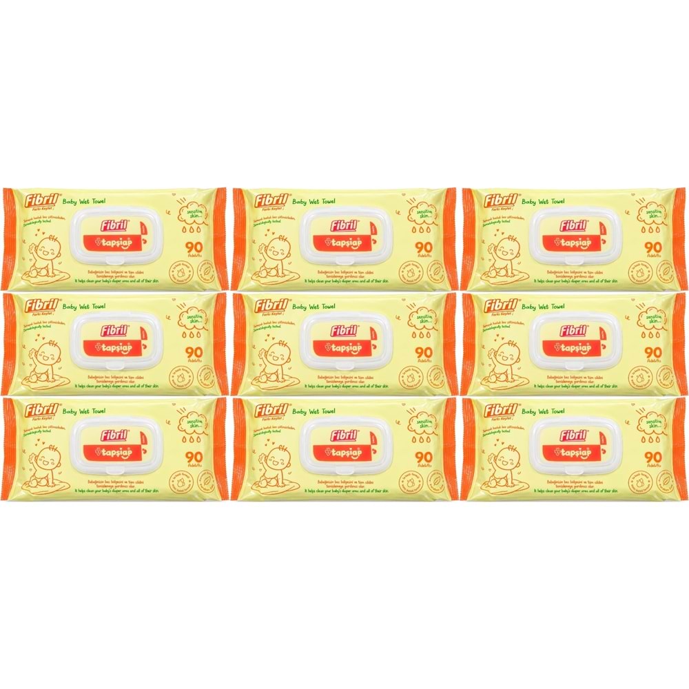 Fibril Islak Havlu Mendil 90 Yaprak Bebek Plastik Kapaklı (9 Lu Set) 810 Yaprak