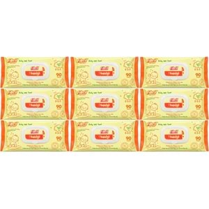 Fibril Islak Havlu Mendil 90 Yaprak Bebek Plastik Kapaklı (9 Lu Set) 810 Yaprak