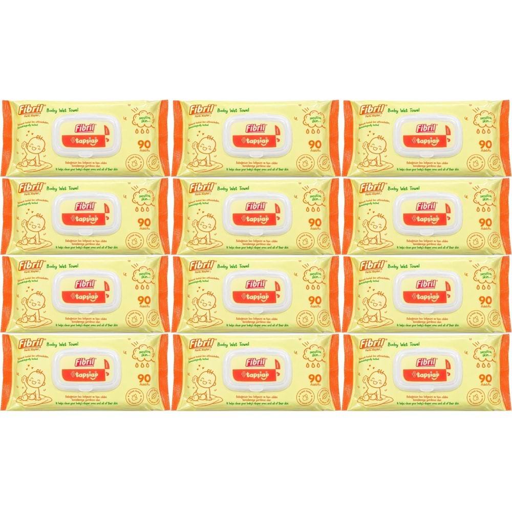 Fibril Islak Havlu Mendil 90 Yaprak Bebek Plastik Kapaklı (12 Li Set) 1080 Yaprak