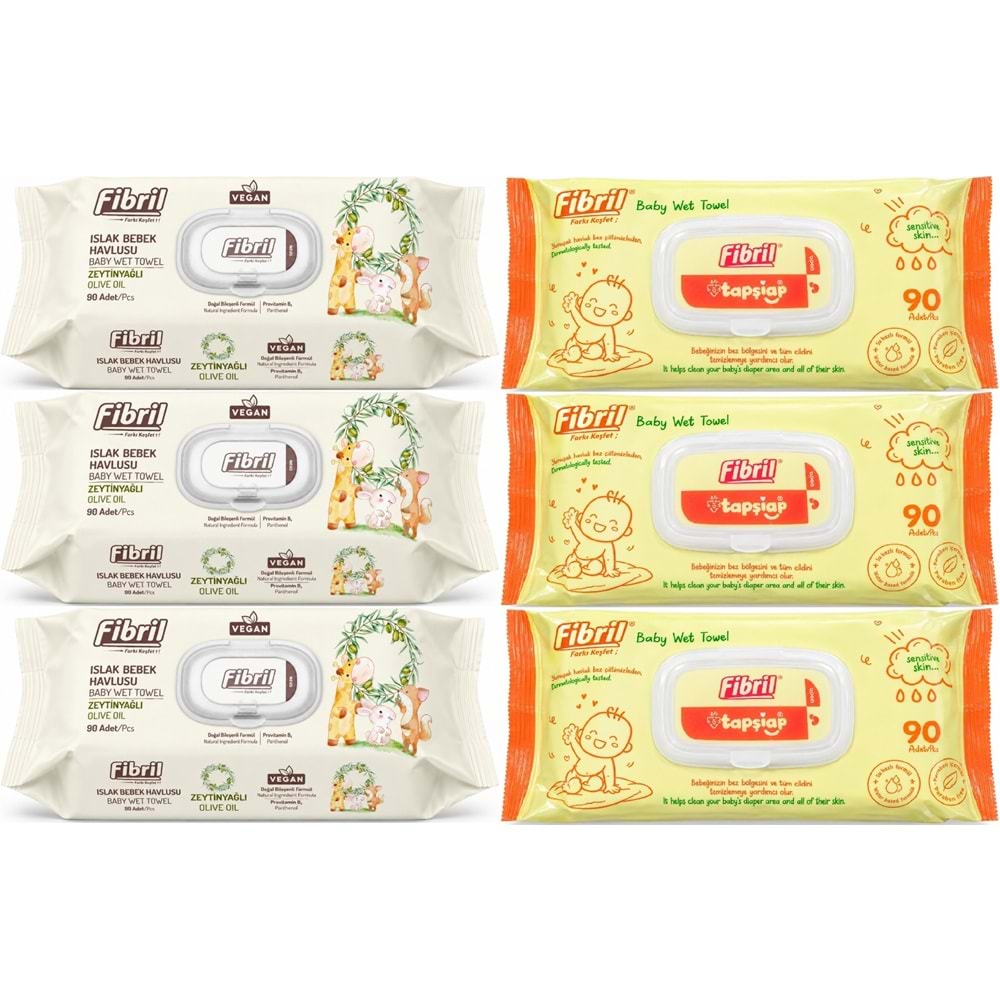 Fibril Islak Havlu Bebek Mendil 90 Yaprak Zeytinyağlı & Bebek (Karma 6 Lı Set) 540 Yaprak