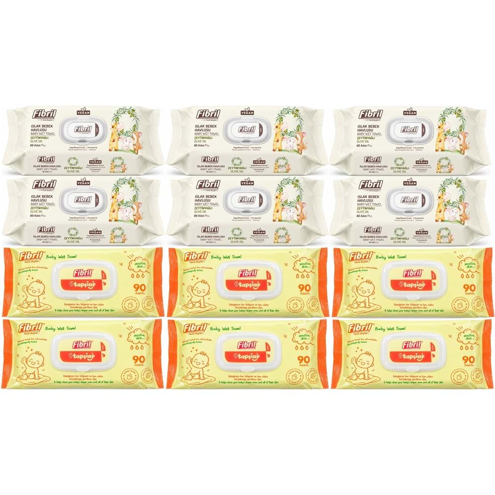 Fibril Islak Havlu Bebek Mendil 90 Yaprak Zeytinyağlı & Bebek (Karma 12 Li Set) 1080 Yaprak