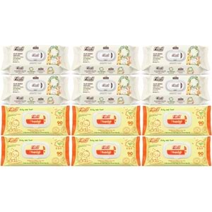 Fibril Islak Havlu Bebek Mendil 90 Yaprak Zeytinyağlı & Bebek (Karma 12 Li Set) 1080 Yaprak