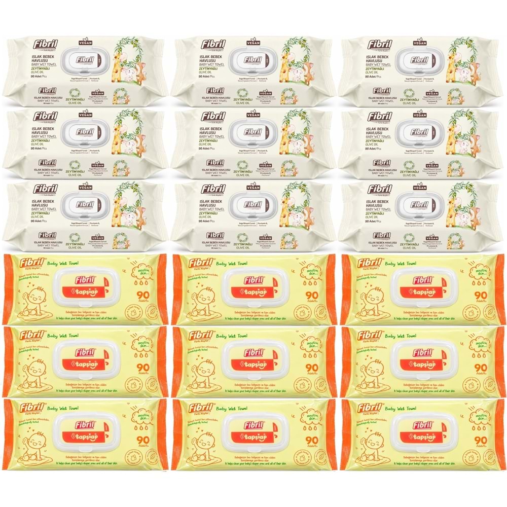 Fibril Islak Havlu Bebek Mendil 90 Yaprak Zeytinyağlı & Bebek (Karma 18 Li Set) 1620 Yaprak