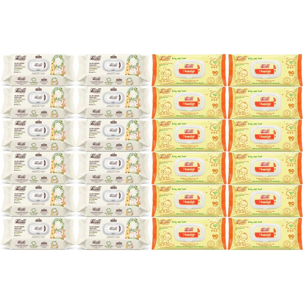 Fibril Islak Havlu Bebek Mendil 90 Yaprak Zeytinyağlı & Bebek (Karma 24 Lü Set) 2160 Yaprak