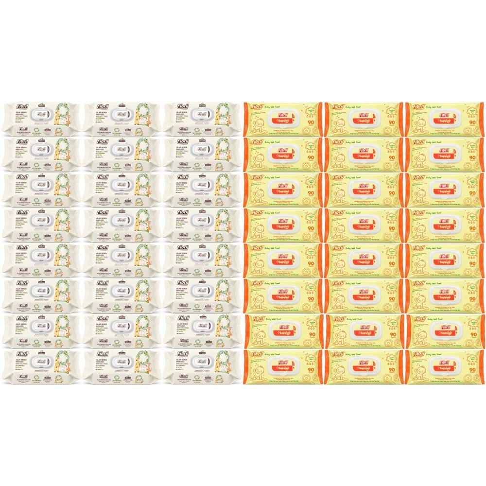 Fibril Islak Havlu Bebek Mendil 90 Yaprak Zeytinyağlı & Bebek (Karma 48 Li Set) 4320 Yaprak