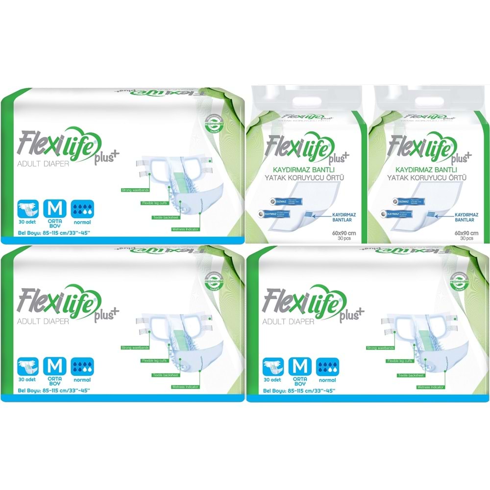 Flexi Life Yetişkin Hasta Bezi Bel Bantlı Tekstil Yüzeyli Orta 90 Adet + Yatak Koruyucu Örtü 60 Adet