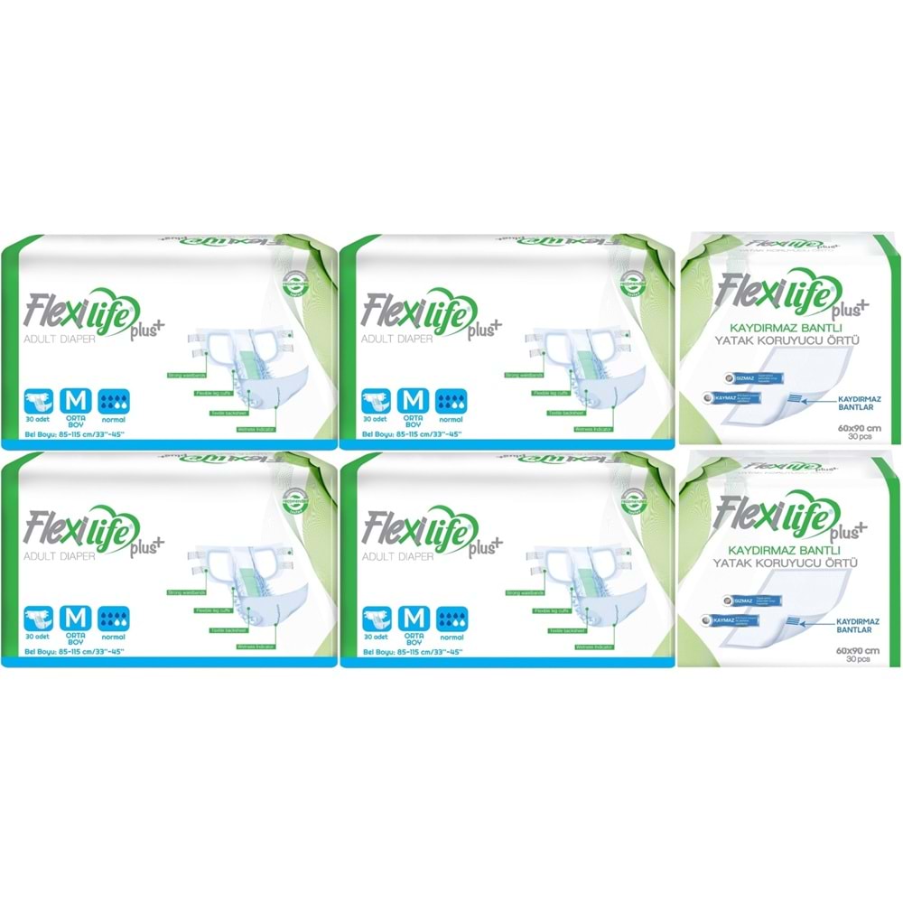 Flexi Life Yetişkin Hasta Bezi Bel Bantlı Tekstil Yüzeyli Orta 120 Adet+ Yatak Koruyucu Örtü 60 Adet
