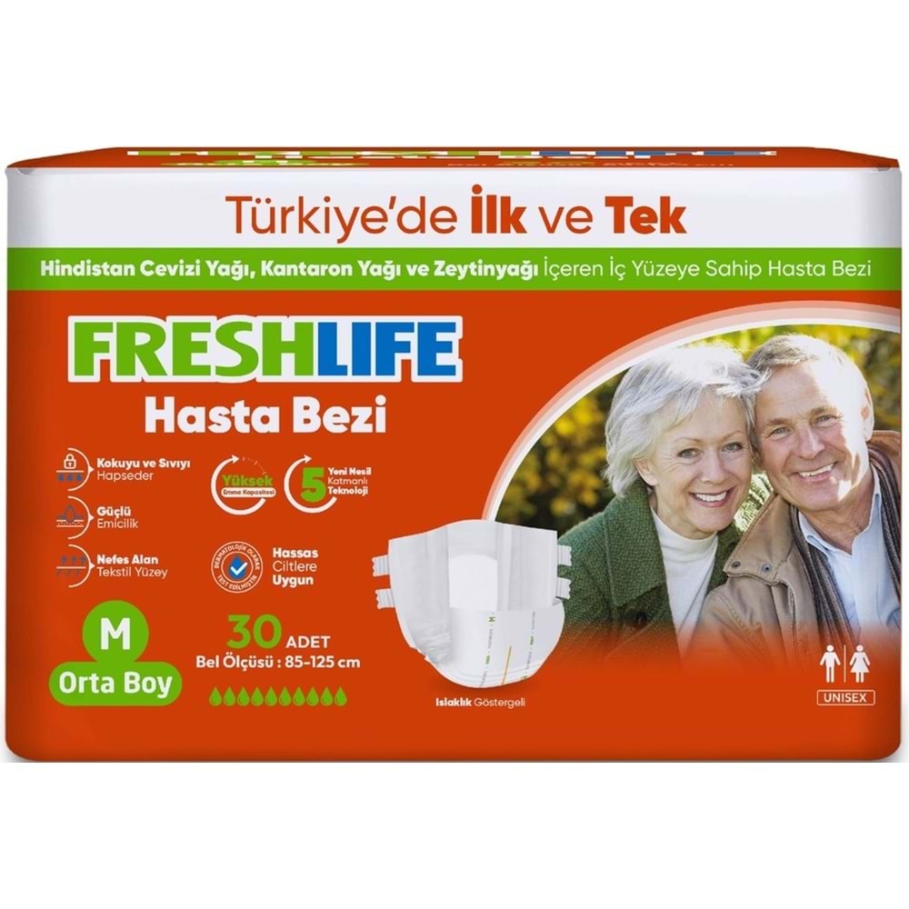 FreshLife Yetişkin Hasta Bezi Bantlı M - Medium - Orta 180 Adet (6PK*30)