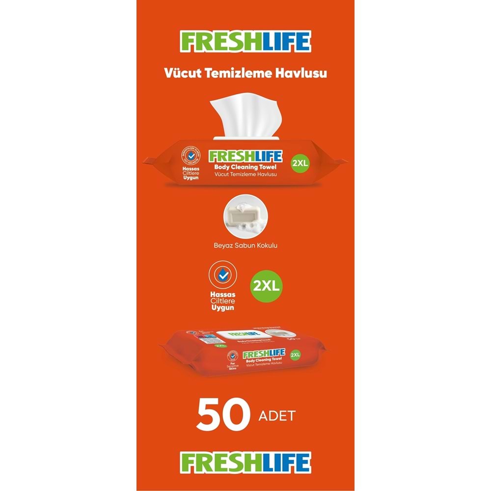 Freshlife Hasta Vücut Temizleme Islak Mendil Havlu 50 Yaprak XL (6 Lı Set)