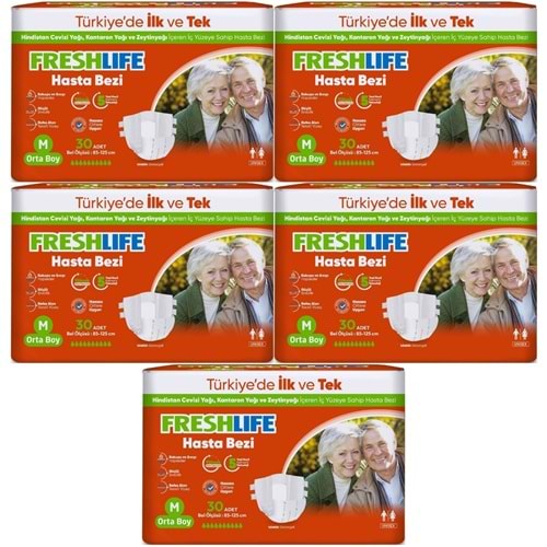 FreshLife Yetişkin Hasta Bezi Bantlı M - Medium - Orta 150 Adet (5PK*30)