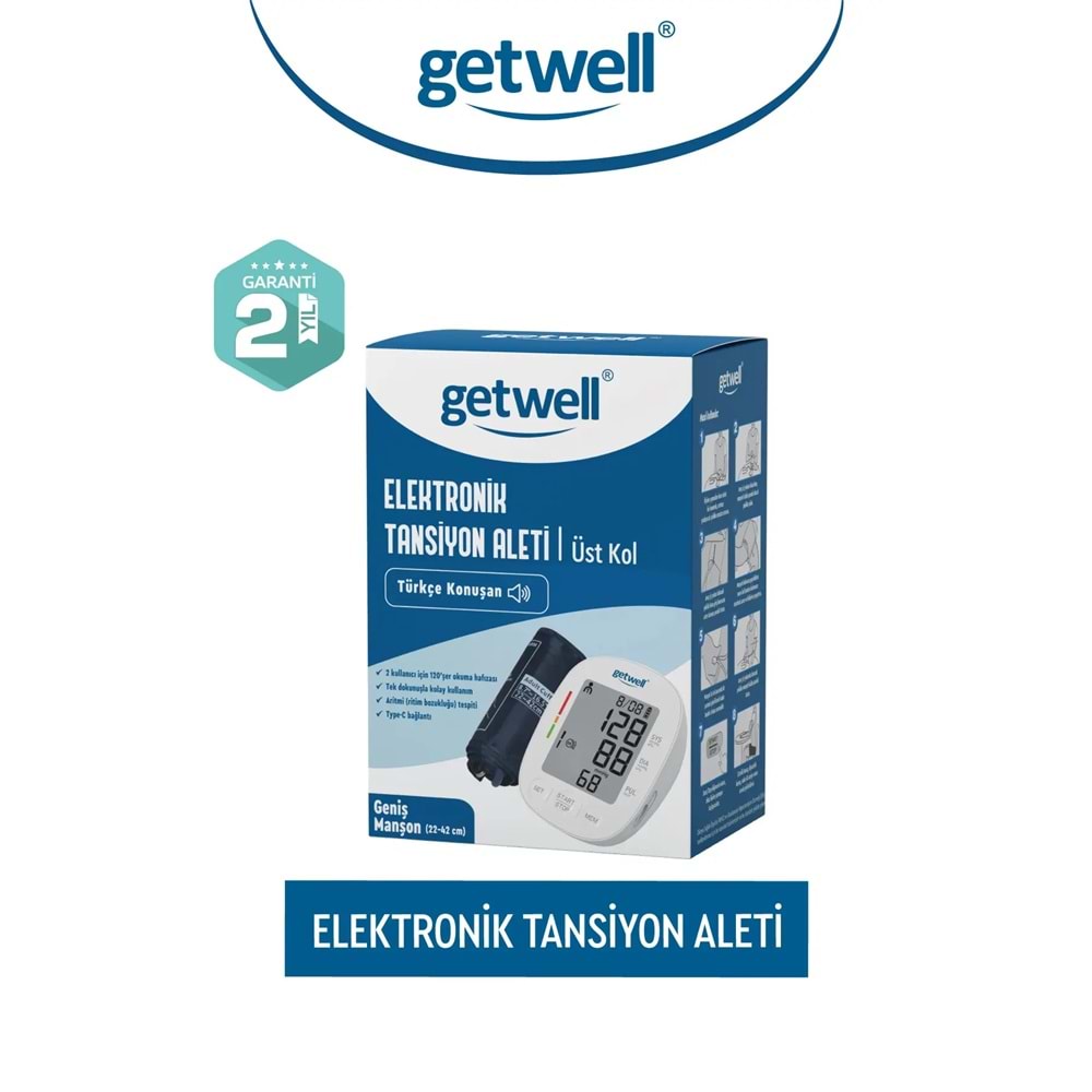 Getwell Konuşan Üst Koldan Tansiyon Aleti - Ölçme Cihazı (Geniş Manşon) (2 Li Set)