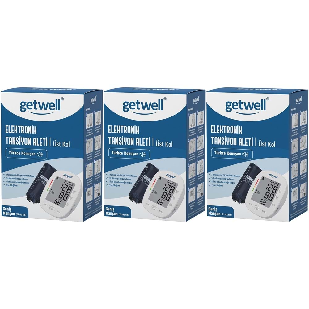 Getwell Konuşan Üst Koldan Tansiyon Aleti - Ölçme Cihazı (Geniş Manşon) (3 Lü Set)