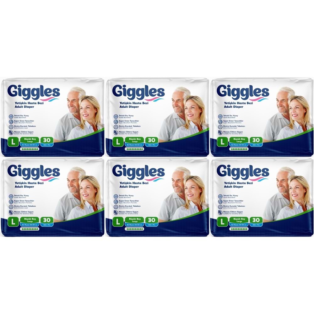 Giggles Yetişkin Bezi Bel Bantlı Tekstil Yüzey Büyük - Large (L) 180 Adet (6PK*30)