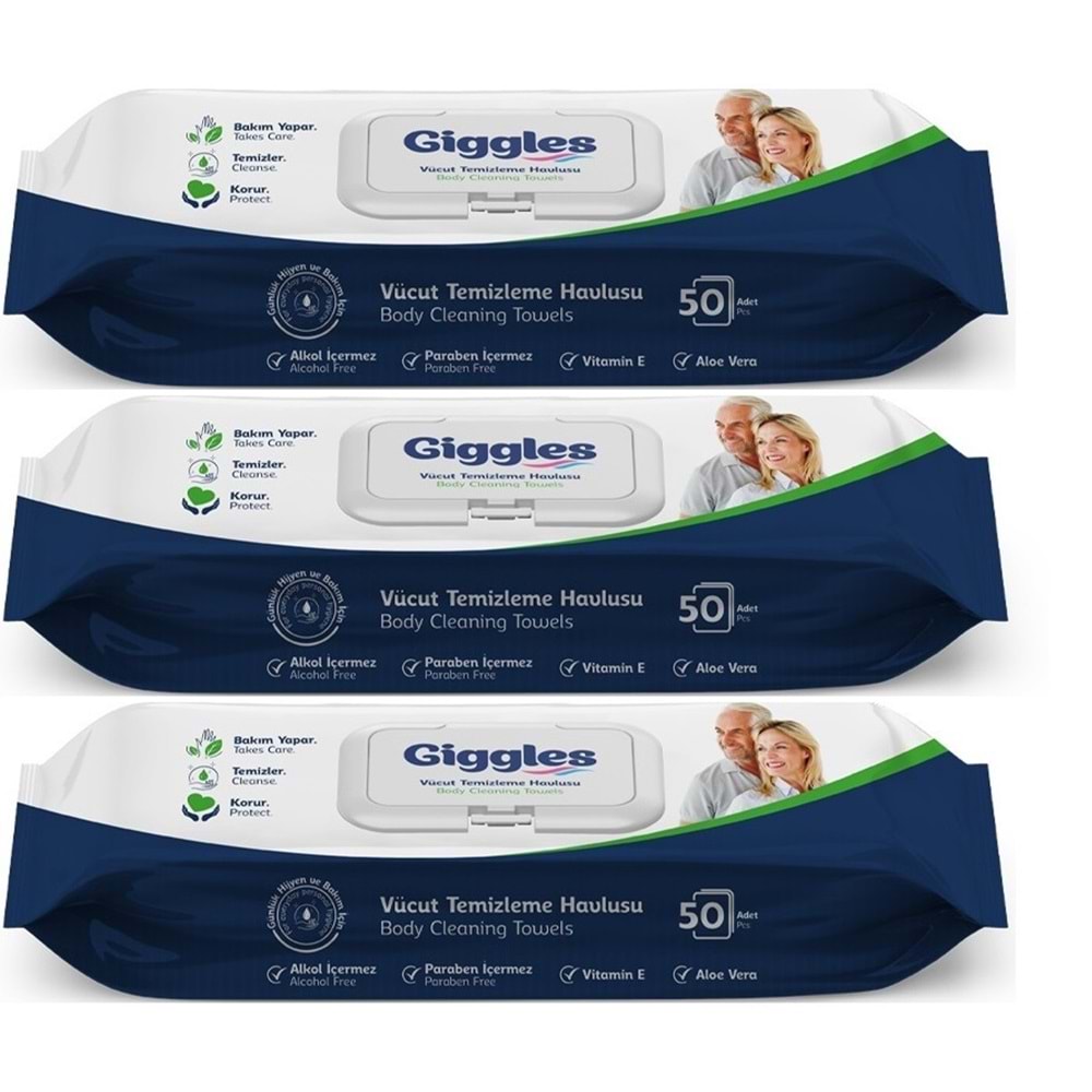 Giggles Yetişkin Vücut Temizleme Islak Mendil Havlu 150 Yaprak XL (Beyaz Sabun Kokulu) (3PK*50)