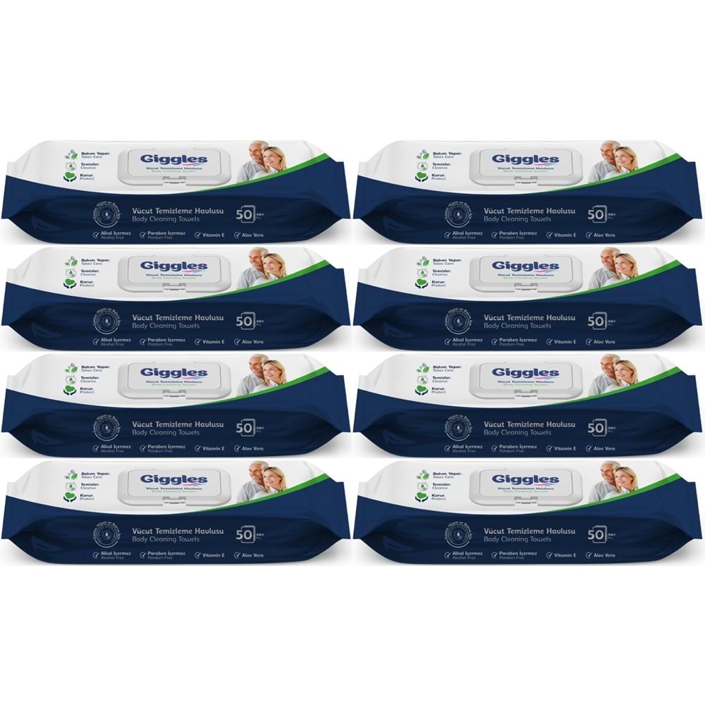 Giggles Yetişkin Vücut Temizleme Islak Mendil Havlu 400 Yaprak XL (Beyaz Sabun Kokulu) (8PK*50)