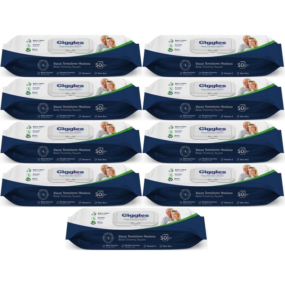 Giggles Yetişkin Vücut Temizleme Islak Mendil Havlu 450 Yaprak XL (Beyaz Sabun Kokulu) (9PK*50)