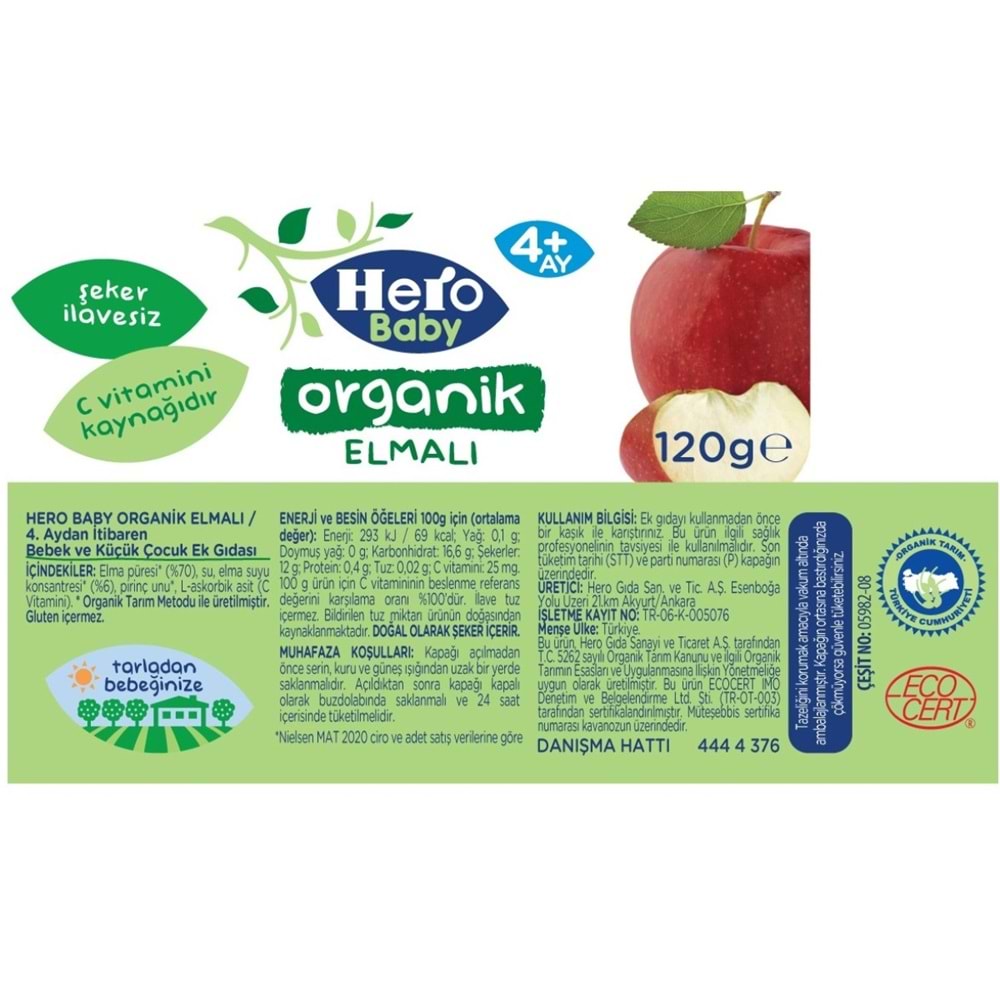 Hero Baby Kavanoz Maması 120GR Organik Elmalı (9 Lu Set)