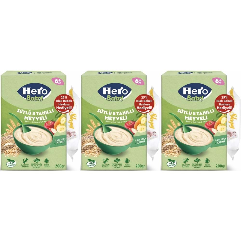 Hero Baby Kaşık Maması 200GR Sütlü 8 Tahıllı Meyveli + Islak Mendil Hediye (3 Lü Set)