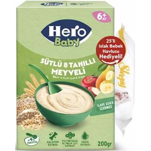 Hero Baby Kaşık Maması 200GR Sütlü 8 Tahıllı Meyveli + Islak Mendil Hediye (5 Li Set)