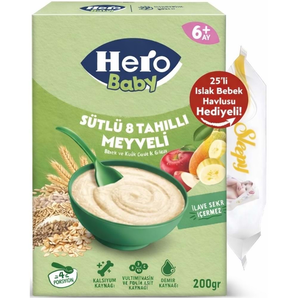 Hero Baby Kaşık Maması 200GR Sütlü 8 Tahıllı Meyveli + Islak Mendil Hediye (9 Lu Set)